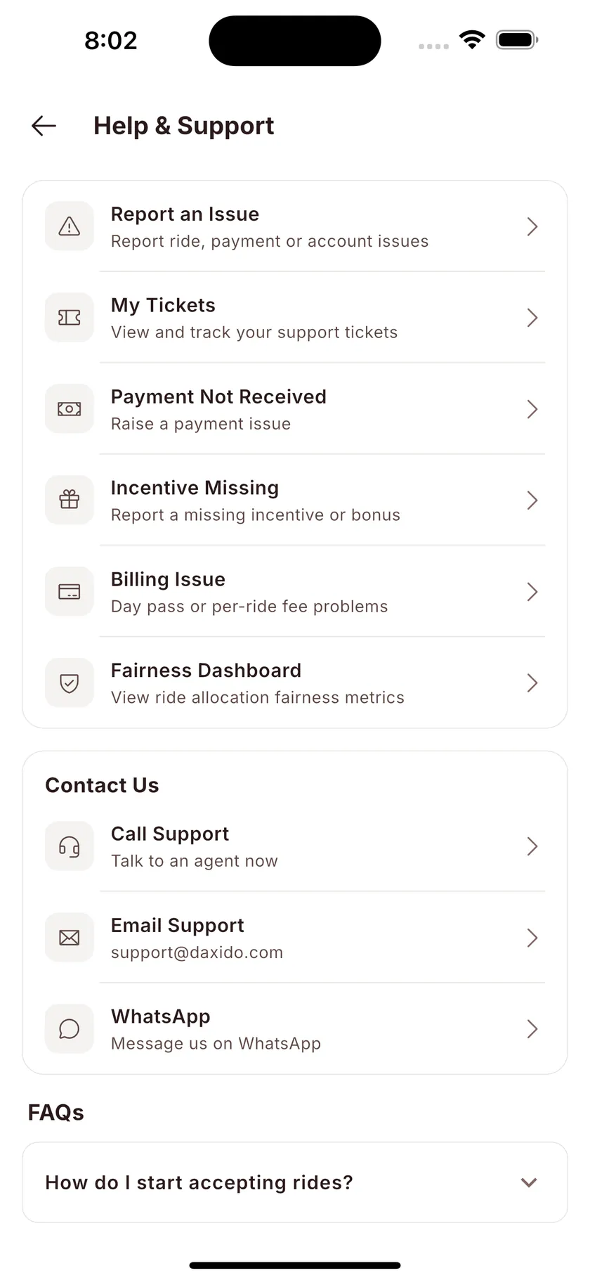 Help and support, including the Fairness Dashboard for ride-allocation metrics.