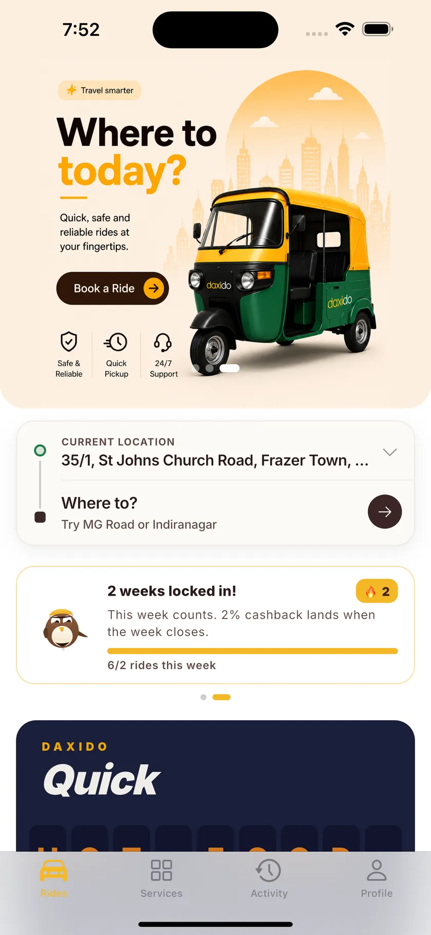 Home screen with a two-week ride streak earning 2% cashback.