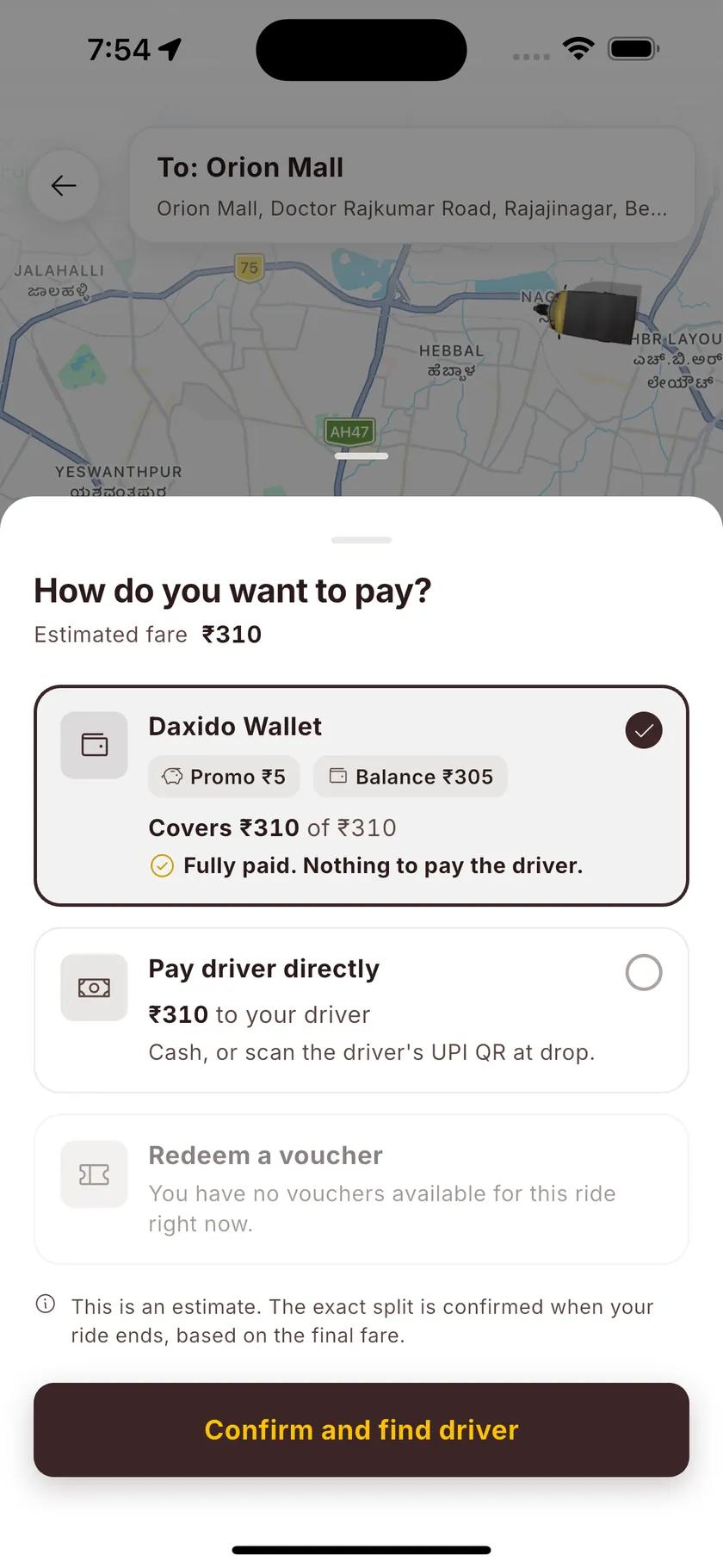 Payment screen: Daxido Wallet covering the fare in full, nothing to pay the driver.